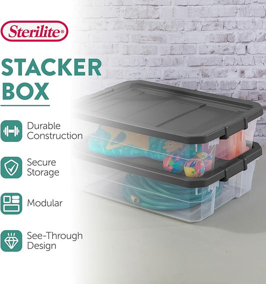 Sterilite 24-Pack Modular Stacker Box, Durable Clear Plastic Storage Bins with Latching Lids, 40 Quart - Stackable Organizing