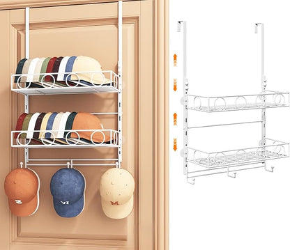Over Door Hat Organizer 3 Tier Wall Mounted Hat Rack with 2 Adjustable Metal Basket and 3 Hooks Hat Organizer for Baseball ca