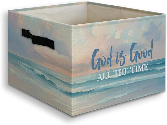 Christian Coastal Beach Foldable Storage Bins Box with Handles, God Is Good All the Time Bible Verse Religious Collapsible Or