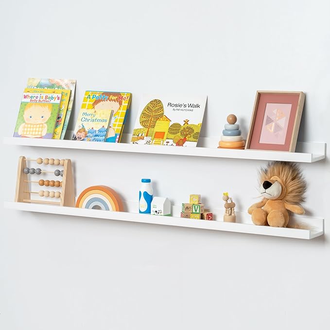 Picture Ledge Shelf, Floating Shelves Set of 2, Solid Ash Wood 48'' Long Large Nursery Book Shelves for Toys Storage, Kids Bo
