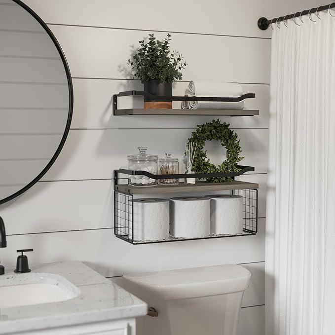 WOPITUES Floating Shelves with Wire Storage Basket, Bathroom Shelves Over Toilet with Protective Metal Guardrail, Wood Wall S