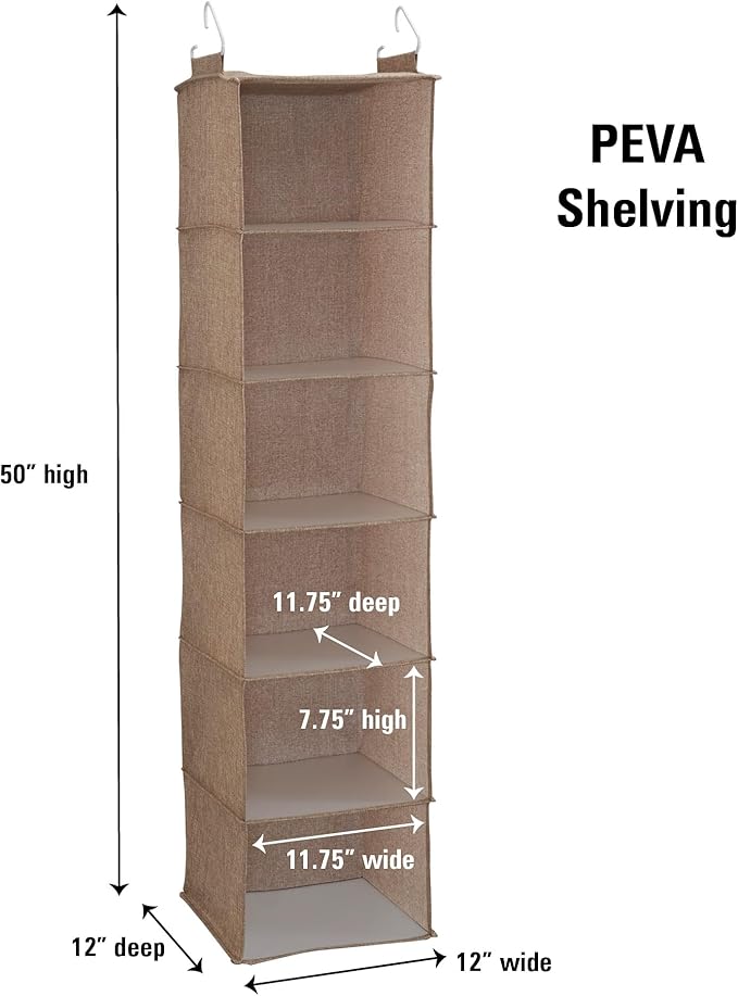 Household Essentials 6 Shelf Hanging Closet Organizer, Hanging Closet Shelf, Fabric Poly Linen and PEVA Shelving