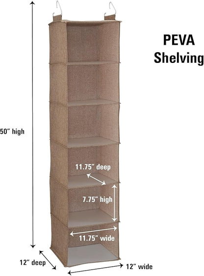 Household Essentials 6 Shelf Hanging Closet Organizer, Hanging Closet Shelf, Fabric Poly Linen and PEVA Shelving