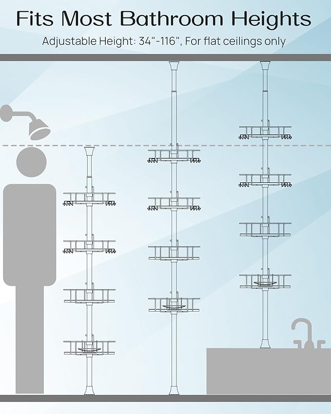 ALLZONE Corner Shower Caddy Tension Pole, 4 Repositionable Hang-On Baskets with Mixed-Height Shelves for Various Bottle Sizes