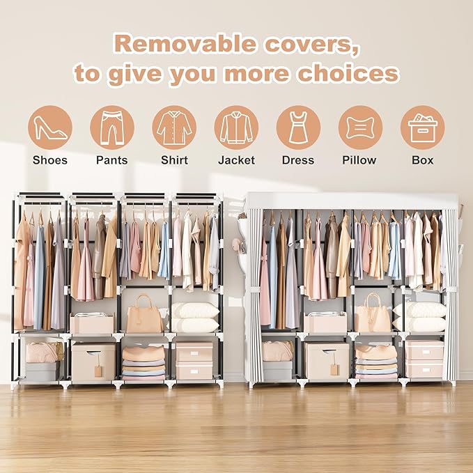 VTRIN Portable Closet for Hanging Clothes 67 Inch Wide Large Capacity Portable Wardrobe Closet with Cover, 4 Storage Shelves 