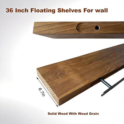 ROGMARS 36 Inches Long Walnut Floating Shelves with Led Light,Rustic Solid Wood Farmhouse Wall Shelves with Invisible Bracket