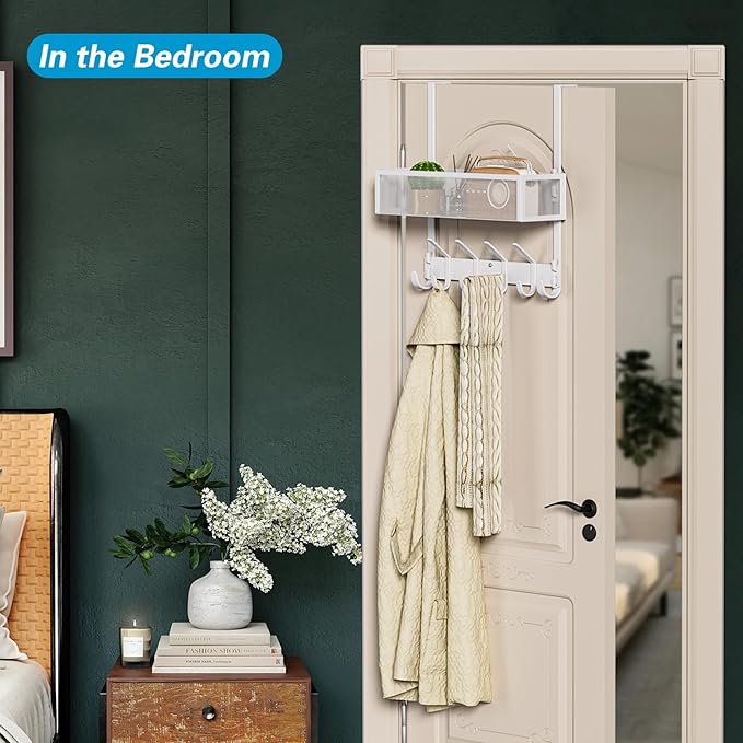 Over The Door Hooks Organizer, Over The Door Towel Rack with Mesh Basket, 10 Coat Hooks and 2 Wreath Hangers, Bathroom Door O