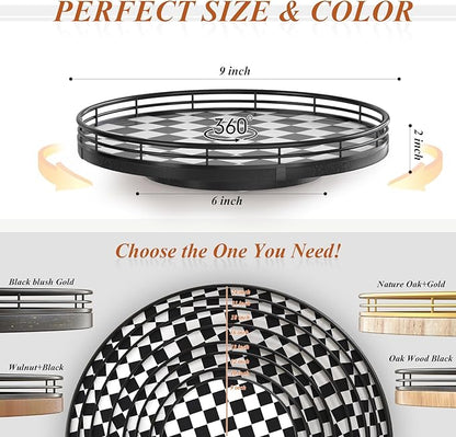 Black and White Kitchen Lazy Susan Turntable – Checkered Round Decorative Tray, 9" Table Top Oak Wood Lazy Susan for Cookies,