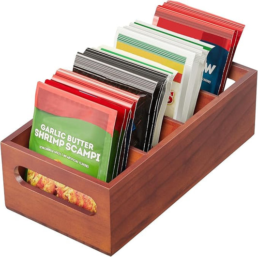 DRASTAR Seasoning Packet Organizer, Wood Kitchen Pantry Organizers and Storage Bin, Sauce Packet Organizer, Snack & Spice Org