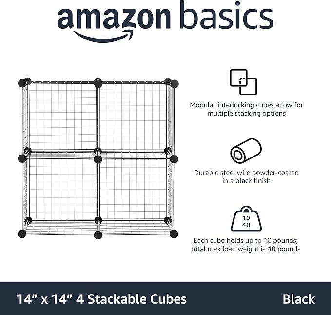 Amazon Basics 4 Cube Wire Grid Storage Organizer, Closet Organizer and Shelves, Stackable, Space-Saving, Easy to Assemble, 14