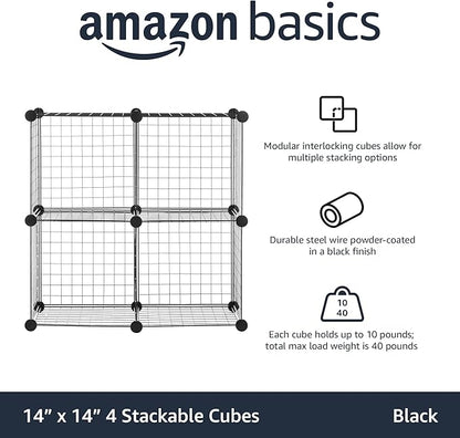 Amazon Basics 4 Cube Wire Grid Storage Organizer, Closet Organizer and Shelves, Stackable, Space-Saving, Easy to Assemble, 14