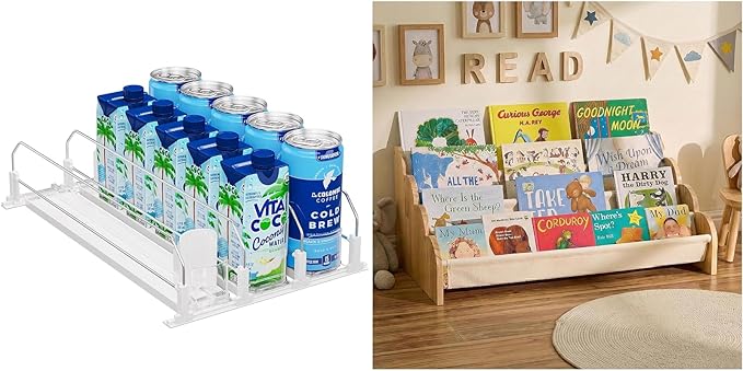 Puricon Drink Organizer for Fridge Pusher Glide Bundle 4-Tier Kids Bookshelf
