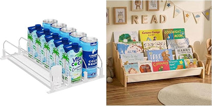 Puricon Drink Organizer for Fridge Pusher Glide Bundle 4-Tier Kids Bookshelf