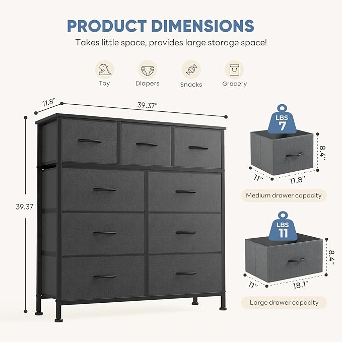DUMOS Dresser for Bedroom, Dressers & Chests of Drawers Dresser Organizer, Wood Top Table Furniture with 9 Fabric Storage Tow