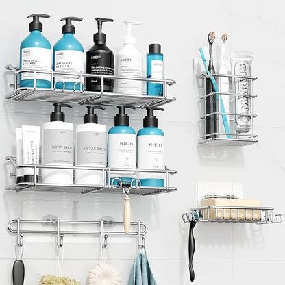 Nieifi Shower Caddy Shelf with Hooks Storage Rack Organizer Adhesive Stainless Steel without Drilling for Bathroom, Lavatory,