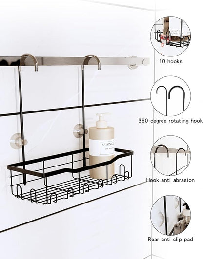 Slizy Hanging Shower Rack, Black Bathroom Storage Rack, Bathroom Door Organizer, Hanging Shower Basket, Shampoo Holder, No Dr