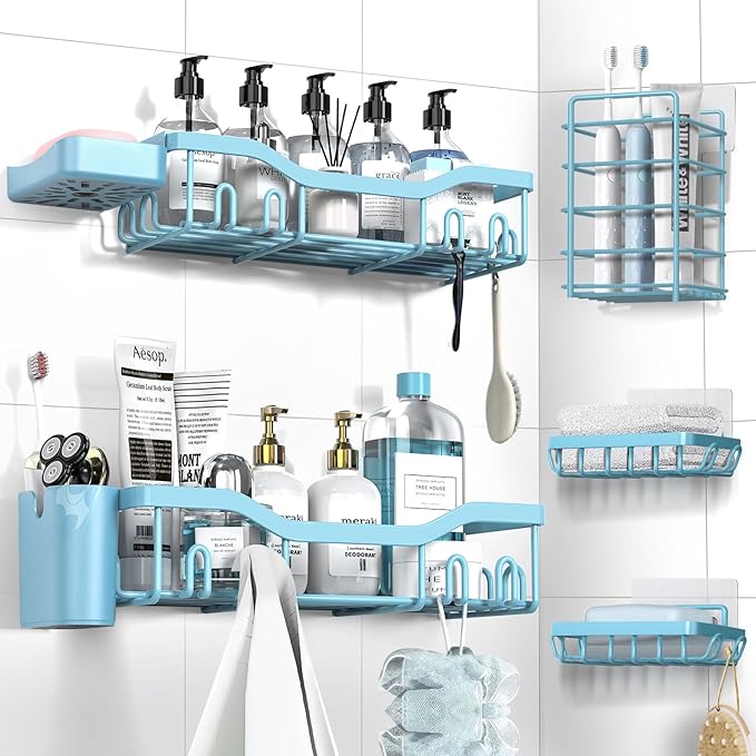 NESOMI Shower Caddy Adhesive Shower Organizer 7-Pack, Rustproof Stainless Steel Bathroom Shelves, Large Capacity No-Drill Rac