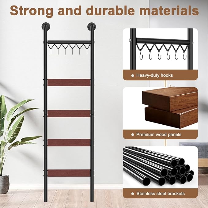 Wooden Blanket Ladder, Wall-Leaning Blanket Rack, 5 Tier Ladder Shelf, 5.6 ft Blanket Holder, Decorative Display Ladder Shelf