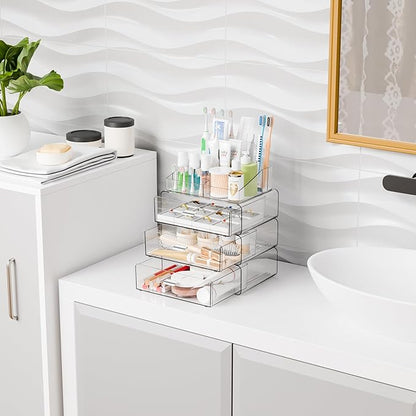 Yieach 4 Tier Clear Acrylic Makeup Organizers with Drawers,Tiered Countertop Make up Storage Organizer for Dresser Top and Ba