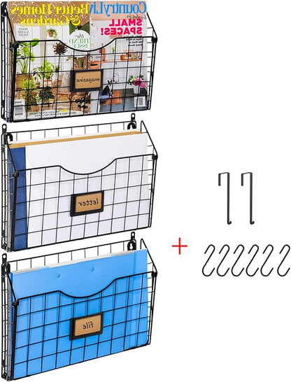 X-cosrack 3-Tier Hanging Wall Files Rack with Door Hooks and 6pcs S Shape Hooks, Over the Door File Organizer &Mounts on Wall