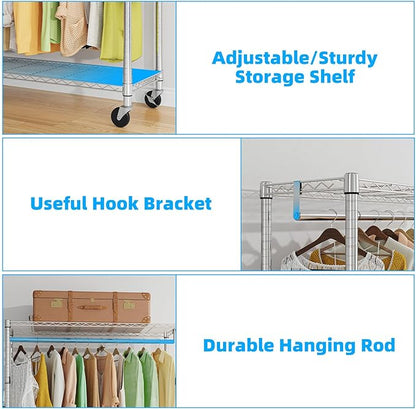 Simple Trending Clothing Garment Rack with 3 Tiers Storage Shelves, Heavy Duty Rolling Clothes Organizer Double Rods with Whe