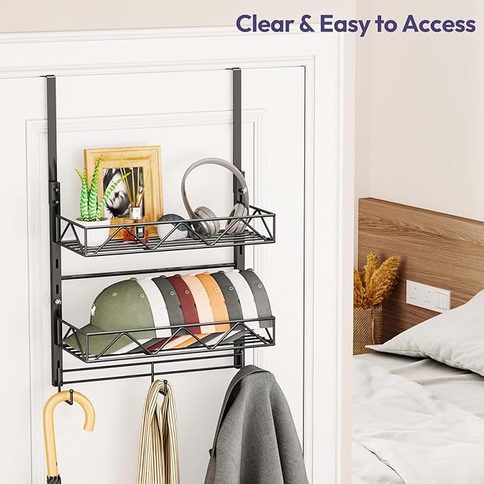 SWTYMIKI Over Door Hat Organizer - 3 Tier Wall Mounted Hat Rack with 2 Adjustable Metal Basket and 3 Hooks, Hanging Baseball 