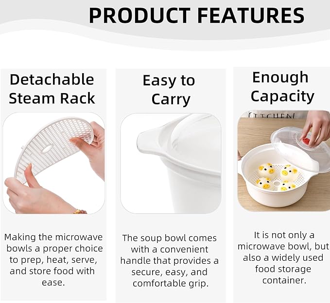 WRINGKIT 3 Pack Microwave Bowls with Lid, BPA-free Ramen Cooker Soup Containers with Steamer, Mixing Serving Bowls Food Storage Cookware for Kitchen, Office, College Dorm