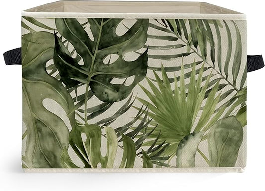 Boho Tropical Botanical Storage Box Bins, Green Monstera Palm Plant Leaf Collapsible Storage Basket Organizer for Bedroom Lau