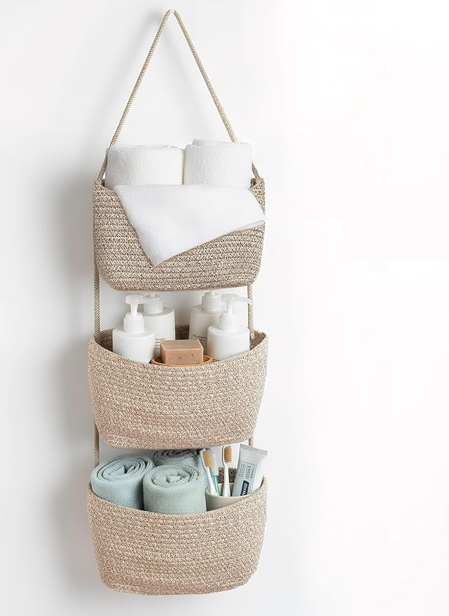 Over the Door Hanging Basket for Organizing 3 Tiers Woven Cotton Rope Wall Mount Storage basket Decorative Kitchen Hanging Or