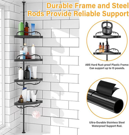 Black Corner Shower Caddy Tension Pole - Heavy Duty Rustproof Stainless Steel Shower Organizer with 4 Adjustable Shelves, No-