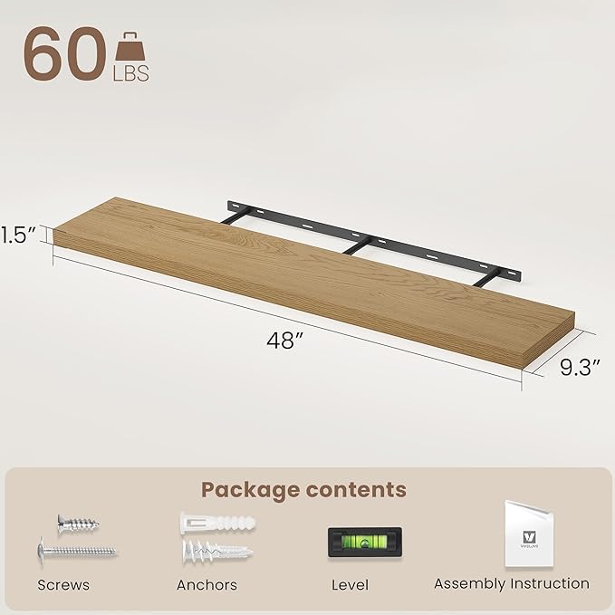 Vivelove 48 Inch Floating Shelves for Wall, 48x9 Display Shelves for Bathroom Living Room Kitchen Bedroom Office Farmhouse Ho