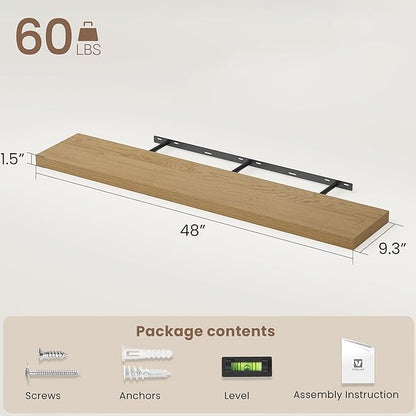 Vivelove 48 Inch Floating Shelves for Wall, 48x9 Display Shelves for Bathroom Living Room Kitchen Bedroom Office Farmhouse Ho