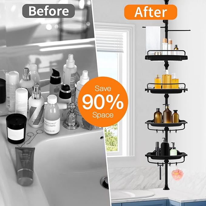Rustproof Shower Caddy Tension Pole Corner Shower Caddy Organizer 4 Tier Adjustable Shelves with Tension Pole and Large Capac
