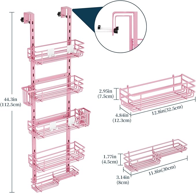 Consumest Over The Door Shower Caddy - 5 Tier Adjustable Shower Organizer Hanging with 2 Toothbrush Holders & 4 Hooks, Rustpr