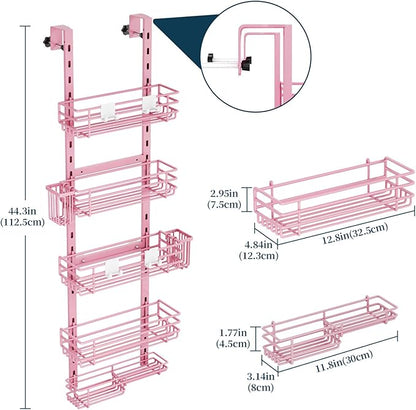 Consumest Over The Door Shower Caddy - 5 Tier Adjustable Shower Organizer Hanging with 2 Toothbrush Holders & 4 Hooks, Rustpr