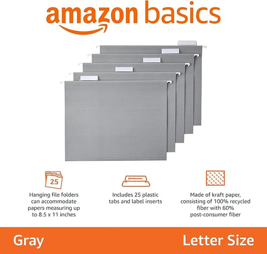 Amazon Basics Hanging File Folders with Adjustable Tabs for Document Organization, Letter Size, Gray, 25-Pack