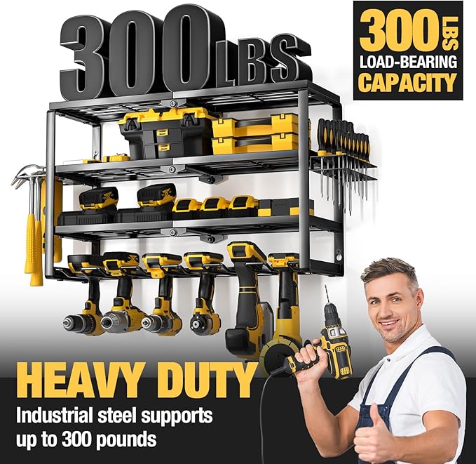 YYR 4 Layer Power Tool Organizer Wall Mount, Cordless Drill Hanger Storage Rack, Battery Tools Holder with Charging Station S