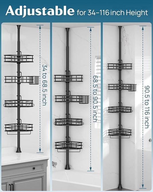 SEIRIONE Corner Shower Caddy Tension Pole, Quick Setup, Rust-Free Bathroom Shower Organizer Corner for Bathtub Shampoo Storag