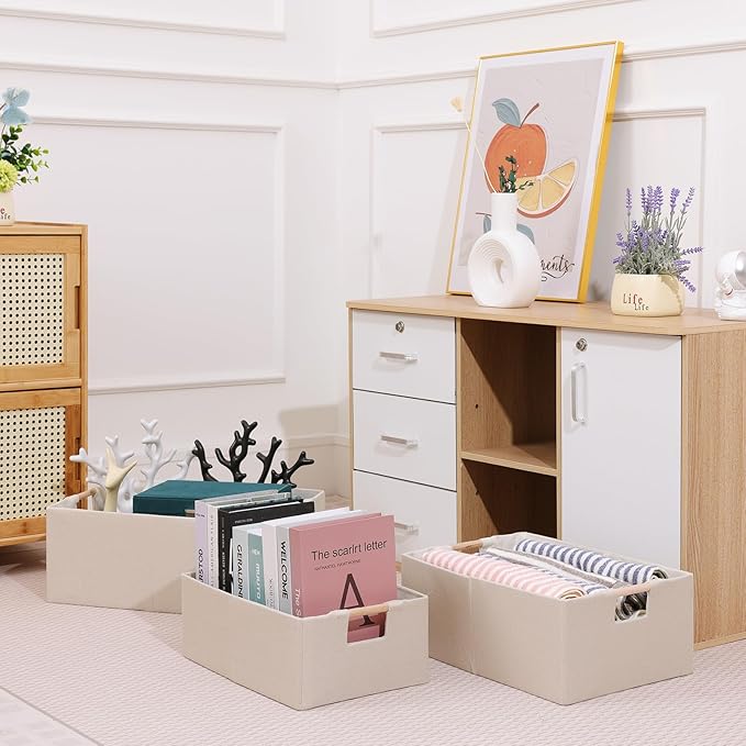ANMINY 2PCS Storage Baskets for Organizing Collapsible Fabric Storage Bins Boxes with Wood Handles Closet Shelves Cube Organi