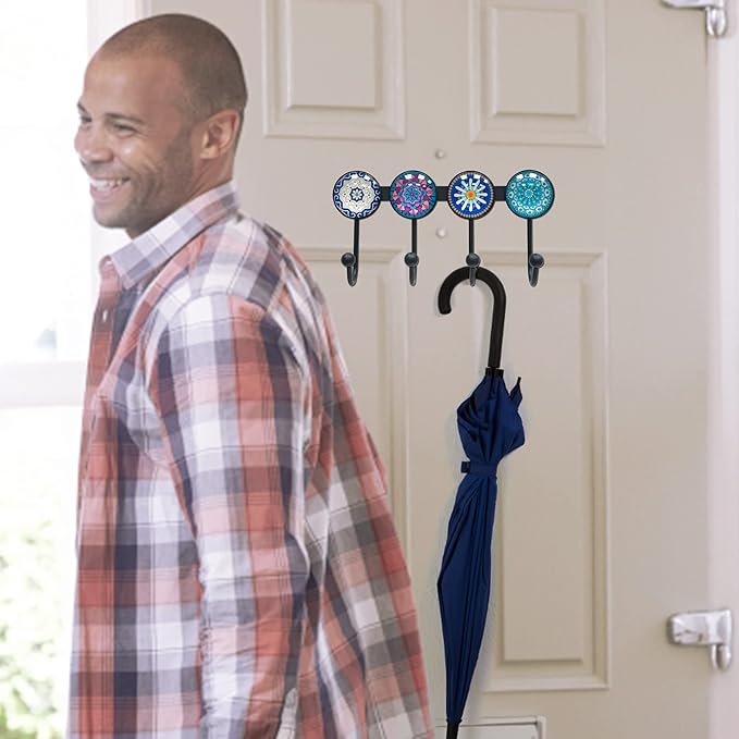 Coat Rack Wall Mounted with 4 Hooks, Round Blue Pattern Decorative Wall Hooks for Hanging Hat, Key, Towel, Purse, Bag and Rob