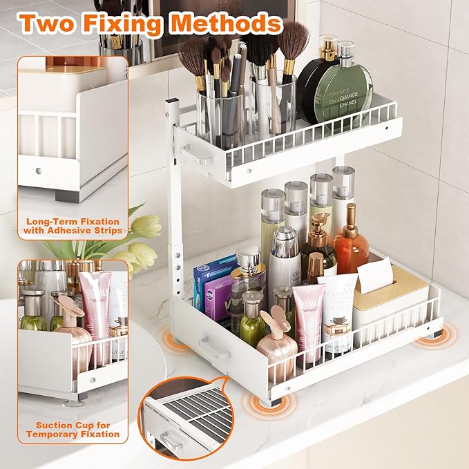 Under Sink Organizer,2 Tier Slide Out Kitchen Cabinet Organizers with Pulley,Under Bathroom Sink Pull Out Organizer with Mult