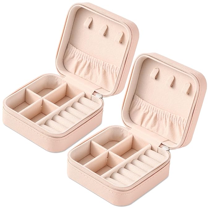 Neveika 2pcs Portable Travel Mini Jewelry Box Leather Jewellery Ring Organizer Case Storage Gift Box Girls Women (pink).