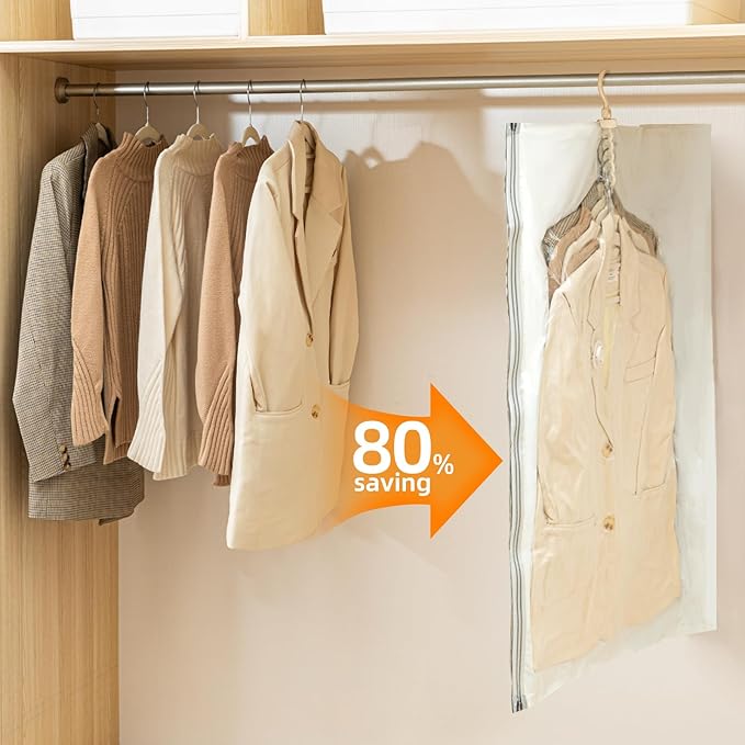 Hanging Vacuum Storage Bags with Electric Pump – 4-Pack Hanging Vacuum Seal Bags for Clothing, Space-Saving Compression Bags 