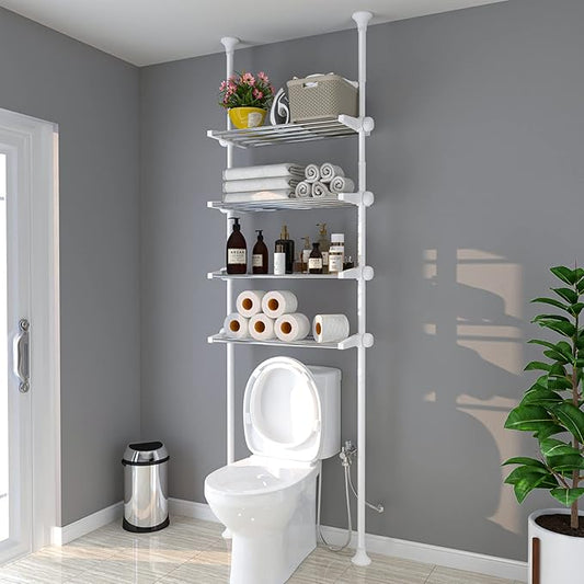 4-Tier Over The Toilet Storage Shelf, 4.5-9.5 FT Adjustable Bathroom Organizer, Heavy Duty Metal Shelves Above Behind Toilet 
