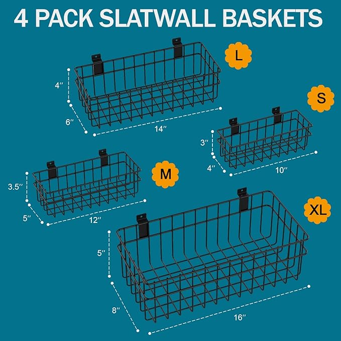 4 Pack Large Size Slatwall Baskets Set, Ventilated Metal Hanging Storage Slat Wall Basket, Mounted Slatwall Accessories for G