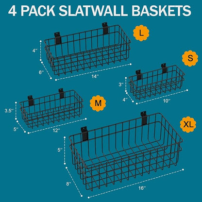 4 Pack Large Size Slatwall Baskets Set, Ventilated Metal Hanging Storage Slat Wall Basket, Mounted Slatwall Accessories for G