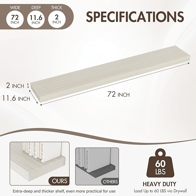 72 Inch Floating Shelves, 12" Deep Floating Shelf Wall Mounted, 72" Wall Shelves, Rustic Deep Bookshelf, Extra Deeper & Thick