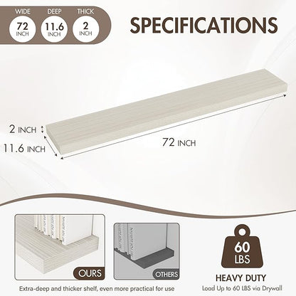72 Inch Floating Shelves, 12" Deep Floating Shelf Wall Mounted, 72" Wall Shelves, Rustic Deep Bookshelf, Extra Deeper & Thick