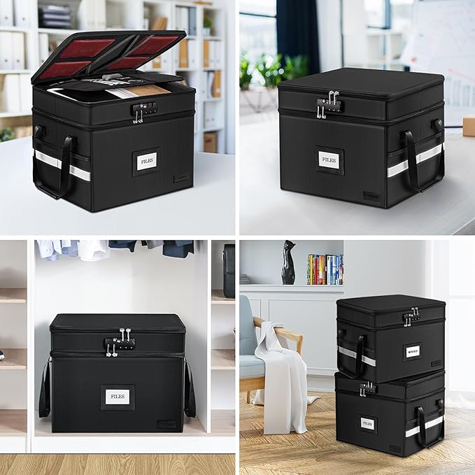 ETRONIK Fireproof Document Box with Lock, 2 Layer File Cabinet Organizer with 5 Tab Inserts, Portable Office Collapsible File