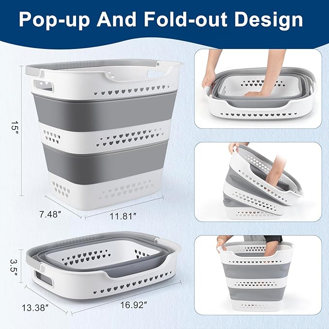 Collapsible Laundry Basket Foldable Pop-Up Laundry Hamper with Comfort Handles Portable Plastic Laundry Storage Basket Organi